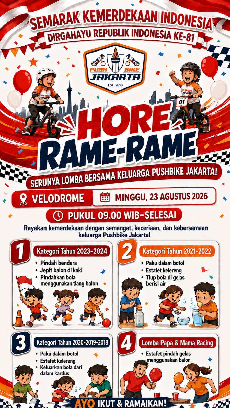 Poster Semarak Kemerdekaan Indonesia — Hore Rame-Rame Pushbike Jakarta, Minggu 23 Agustus 2026 di Velodrome pukul 09.00 WIB